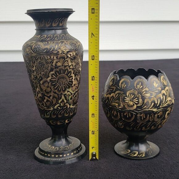 Set of 2 Vintage Brass Vases Gold Etching Hand Painted - Picture 10 of 13